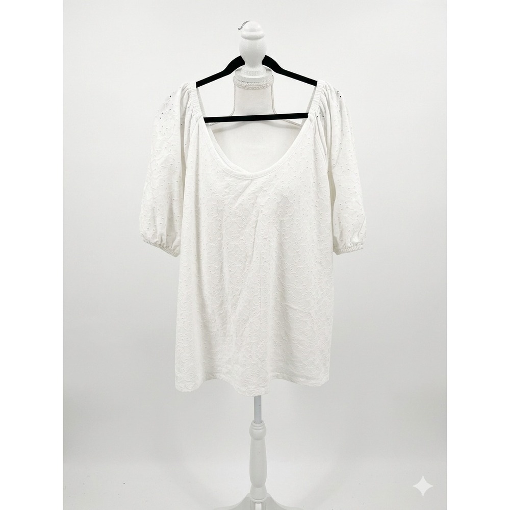 Ava & Viv Womens White Eyelet Puff Sleeve Scoop Neck Blouse Plus Size‎ 1X